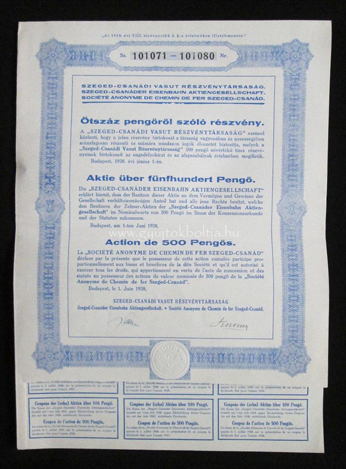 Szeged-Csanádi Vasút Rt. részvény 500 pengő 1938